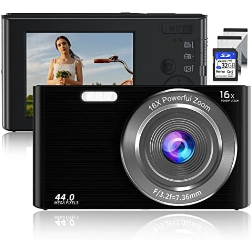 Saneen Digital Camera, FHD 2.7K Cameras for Photography, 44MP Kids Camera Small Compact Digital Camera for Teens, Adults & Beginners with 32GB SD Card, 16X Zoom, Two Rechargeable Batteries-Black