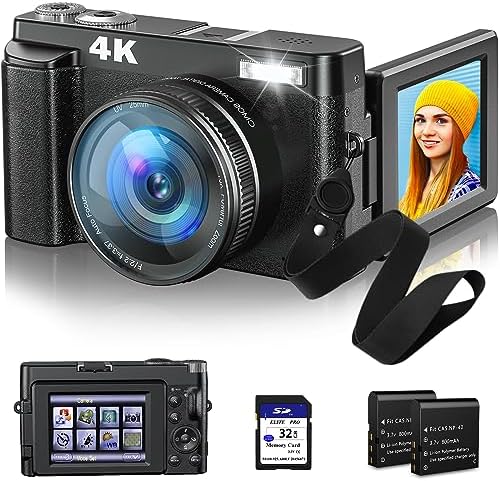 4K Digital Camera for Photography and Video Autofocus, 48MP Vlogging Camera with SD Card Anti-Shake, 3'' 180° Flip Screen Compact Camera with Flash, 16X Zoom Digital Camera for Travel, 2 Batteries