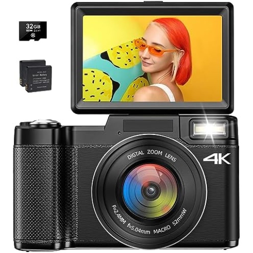 4K Digital Camera for Photography, Autofocus 48MP Vlogging Camera for YouTube with 16X Digital Zoom Macro Camera, 3’’180°Flip Screen Compact Video Camera with Liftable Flash, SD Card&2 Batteries