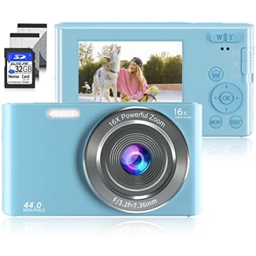 Digital Camera, Saneen FHD 2.7K Cameras for Photography, 44MP Kids Camera Compact Point and Shoot Camera Small Camera for Beginners, Kids and Teens with 32GB SD Card & 16X Digital Zoom-Blue