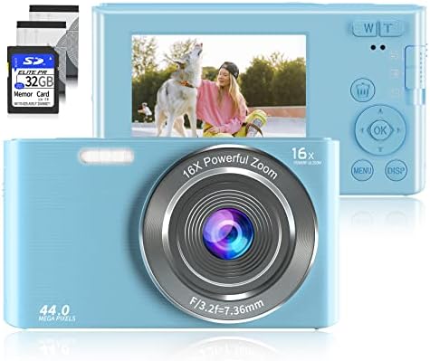 Digital Camera, Saneen FHD 2.7K Cameras for Photography, 44MP Kids Camera Compact Point and Shoot Camera Small Camera for Beginners, Kids and Teens with 32GB SD Card & 16X Digital Zoom-Blue