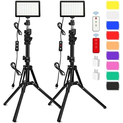 2 Pack 70 LED Video Light with 61.42'' Tripod Stand/Color Filters, Obeamiu 5600K USB Studio Lights Shooting Kit for Photography Lighting, Zoom Call Lighting, Live Streaming, Video Conferencing