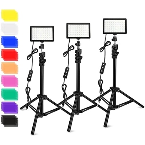 3 Packs 70 LED Video Light with Adjustable Tripod Stand/Color Filters, Obeamiu 5600K USB Studio Lighting Kit for Tablet/Low Angle Shooting, Collection Portrait YouTube Photography