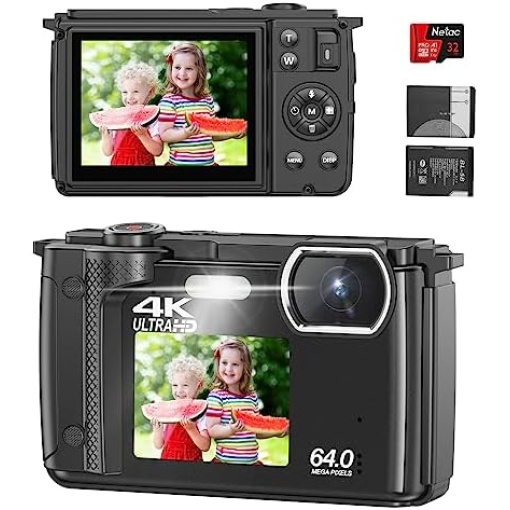 4K 64MP Digital Camera for Photography, Compact Vlogging Camera for YouTube with Auto Focus, Selfie Screens,32GB SD Card,Point&Shoot Camera with WiFi 18X Zoom,Travel Video Camera for Beginners Kids