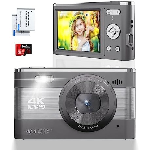 4K Compact Digital Camera for Photography and Video 4K 48MP Vlogging Camera for YouTube with 3” FHD Screen 18X Digital Zoom Point and Shoot Camera Mini Travel Camera with 32GB SD Card, 2 Batteries