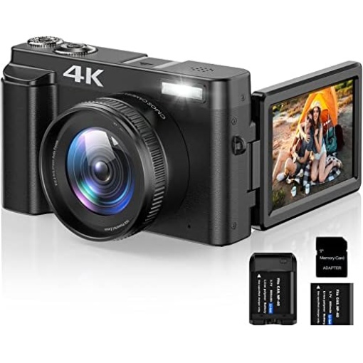 4K Digital Camera for Photography Autofocus 16X Digital Zoom, 48MP Vlogging Camera with 32GB SD Card, 3'' 180° Flip Screen Compact Camera,2 Batteries