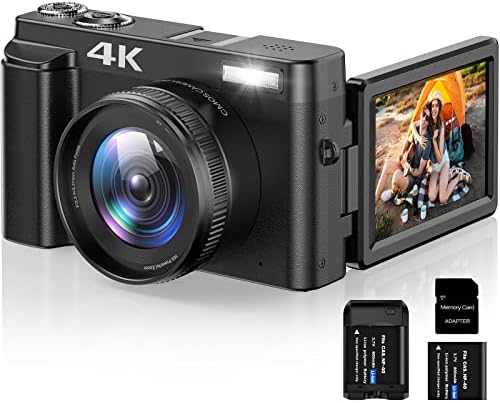 4K Digital Camera for Photography Autofocus 16X Digital Zoom, 48MP Vlogging Camera with 32GB SD Card, 3'' 180° Flip Screen Compact Camera,2 Batteries