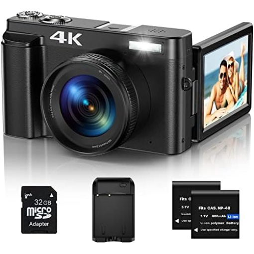 4K Digital Camera for Photography, Autofocus 48MP Vlogging Camera for YouTube with 3” 180 Degree Flip Screen, Compact Video Camera with 16X Digital Zoom, 32G SD Card, 2 Batteries & Battery Charger