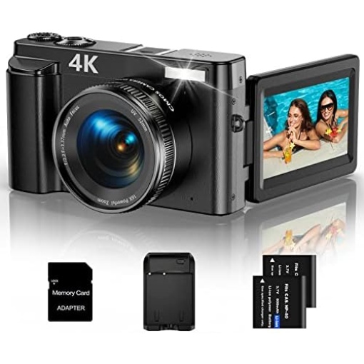 4K Digital Camera for Photography and Video Autofocus 48MP Vlogging Camera for YouTube Compact Camera 16X Digital Zoom with Flash 180 Degree 3.0 inch Flip Screen, 32G SD Card, 2 Batteries & Charger