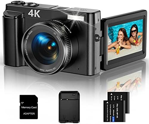 4K Digital Camera for Photography and Video Autofocus 48MP Vlogging Camera for YouTube Compact Camera 16X Digital Zoom with Flash 180 Degree 3.0 inch Flip Screen, 32G SD Card, 2 Batteries & Charger