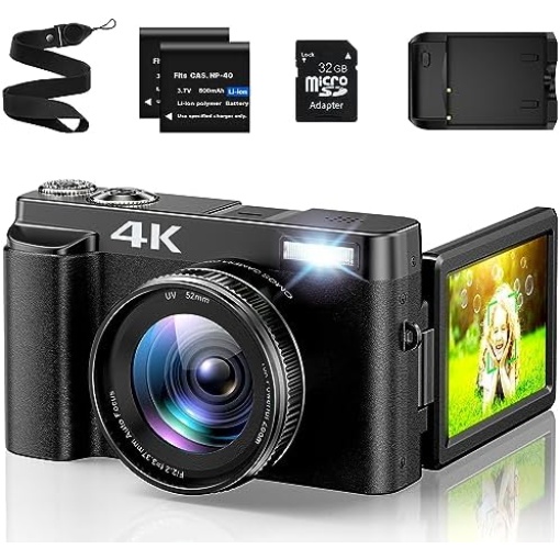 4K Digital Camera for Photography with 3'' 180°Flip Screen, Autofocus 48MP Vlogging Cameras for YouTube Compact Camera with 16X Digital Zoom 32GB SD Card, 2 Batteries and Charging Stand for Travel