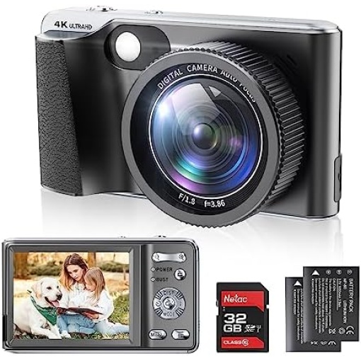 4K Digital Camera,Autofocus 48MP Vlogging Camera for Photography YouTube Compact Camera with Flash,18X Digital Zoom, Anti Shake, Macro Photography, 32G SD Card and 2 Batteries