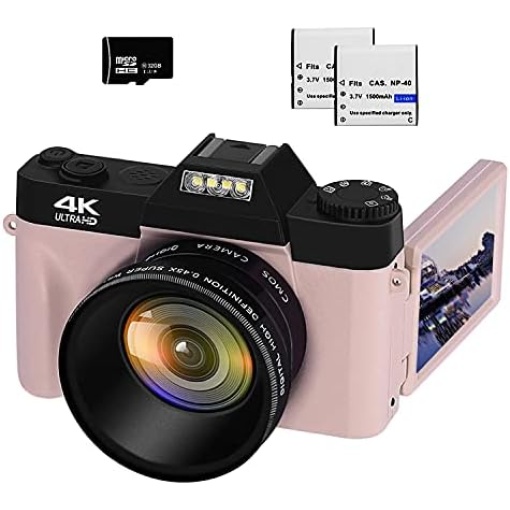 4K Digital Cameras for Photography 48MP Vlogging Camera 16X Digital Zoom Manual Focus Rechargeable Students Compact Camera with 52mm Wide-Angle & Macro Lens, 32G TF Card and 2 Batteries