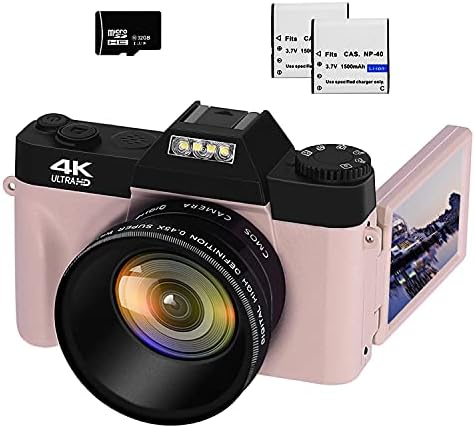 4K Digital Cameras for Photography 48MP Vlogging Camera 16X Digital Zoom Manual Focus Rechargeable Students Compact Camera with 52mm Wide-Angle & Macro Lens, 32G TF Card and 2 Batteries