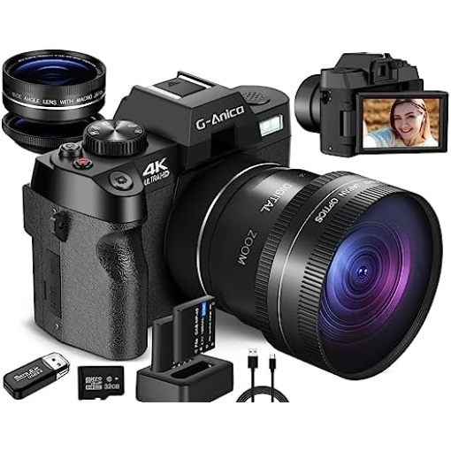 4K Digital Cameras for Photography, 48MP Vlogging Camera for YouTube with WiFi, 180° Flip Screen Compact Camera with Flash, 16X Digital Zoom Travel Camera with Wide-Angle &Macro Lens (2 Batteries)