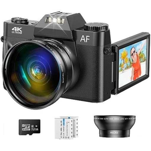 4K Vlogging Camera for YouTube, 48MP Digital Camera for Photography with 3”Flip Screen, 16x Digital Zoom and Video Autofocus Anti-Shake, Wide Angle Lens, Macro Lens, 2 Batteries, 32GB Micro SD Card