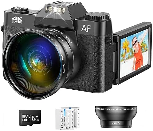 4K Vlogging Camera for YouTube, 48MP Digital Camera for Photography with 3”Flip Screen, 16x Digital Zoom and Video Autofocus Anti-Shake, Wide Angle Lens, Macro Lens, 2 Batteries, 32GB Micro SD Card