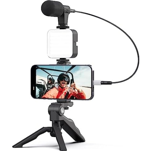 Acuvar Vlogging Kit with Light and Microphone Pistol Grip Tripod |Studio LED Light, Professional Mini Portable Tripod Grip for Vlogging, TikTok, YouTube Videos | for Smart Phones, Cameras