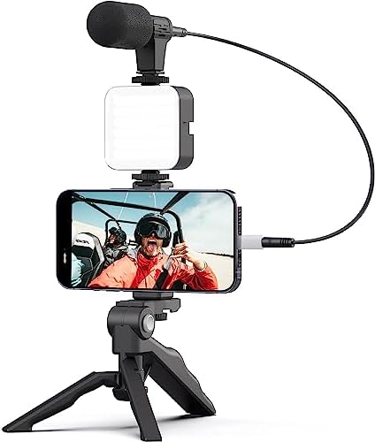 Acuvar Vlogging Kit with Light and Microphone Pistol Grip Tripod |Studio LED Light, Professional Mini Portable Tripod Grip for Vlogging, TikTok, YouTube Videos | for Smart Phones, Cameras