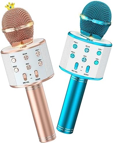 Ankuka Kids Karaoke Microphone 2 Pack,Wireless Bluetooth Karaoke Microphone for Singing Portable Handheld Mic Speaker Machine,Kids Toys for Girls Boy Gift for Birthday Party,Home KTV(Rose Gold & Blue)