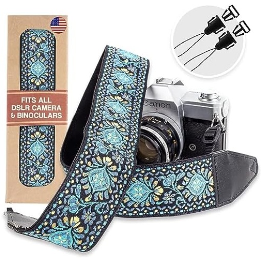 Art Tribute Camera Strap For All DSLR and Mirrorless Cameras Including Binoculars. Embroidered Elegant Universal Neck & Shoulder Strap, Blue Woven, Great Gift for Men & Women Photographers