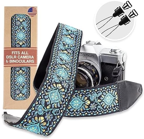 Art Tribute Camera Strap For All DSLR and Mirrorless Cameras Including Binoculars. Embroidered Elegant Universal Neck & Shoulder Strap, Blue Woven, Great Gift for Men & Women Photographers