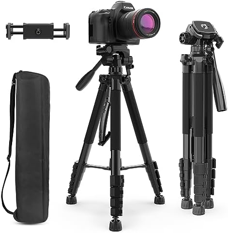 Aureday 74’’ Camera Tripod with Travel Bag,Cell Phone Tripod with Wireless Remote and Phone Holder, Compatible with DSLR Cameras,Cell Phones,Projector,Webcam,Spotting Scopes(Black)