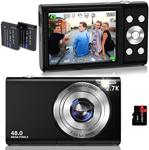 Auto Focus 2.7K 16X Digital Zoom Camera HD 48MP with 32G Memory Card 2 Batteries Vlogging YouTube Portable Mini Compact Camera for Kids Teens Adult Beginner