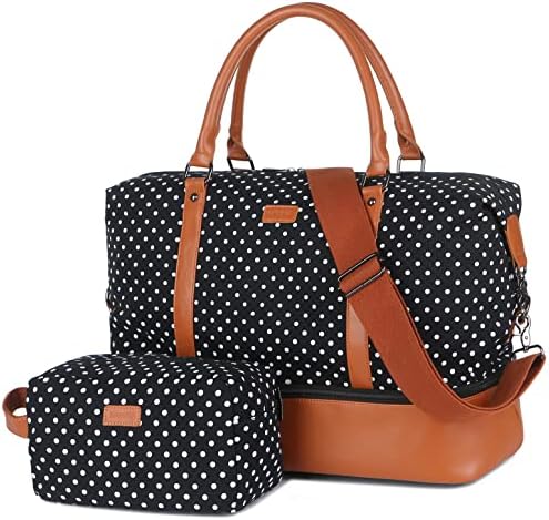 BAOSHA HB-28 Ladies Women Canvas Travel Weekender Bag Overnight Carry-on Duffel Tote Bag (Black Dot) 18 x 13 x 8 inch