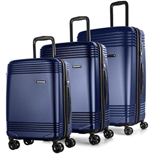 BUGATTI Nashville Collection 3 Piece Hard Shell Luggage Set, Expandable Suitcases with 360-Degree Spinner Wheels, Retractable Handle, 20 Inch Carry On, 24 Inch Mid-size, 28 Inch Large Bags, Navy