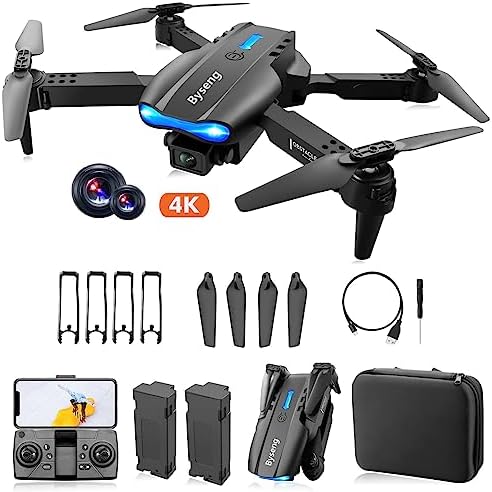 Byseng Drone with Camera for Adults - Dual 4K FPV Camera Drones with 2 Batteries, Foldable Drone with 3-Way Intelligent Obstacle Avoidance, Remote Control Toys Drone RC Quadcopter, Headless Mode, One Key Start, Speed Adjustment, Trajectory Flight