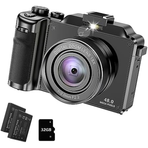 Cameras for Photography, 4K Digital Camera Anti-Shake 48MP Compact Video Camera with 18X Digital Zoom, Travel Autofocus WiFi Vlogging Camera Point and Shoot Camera with 32GB TF Card, 2 Batteries