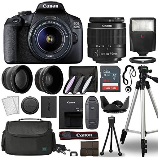 Canon Cameras EOS 2000D / Rebel T7 Digital SLR Camera Body w/Canon EF-S 18-55mm f/3.5-5.6 Lens 3 Lens DSLR Kit Bundled with Complete Accessory Bundle+ 64GB+ Flash+ More - International Model (Renewed)