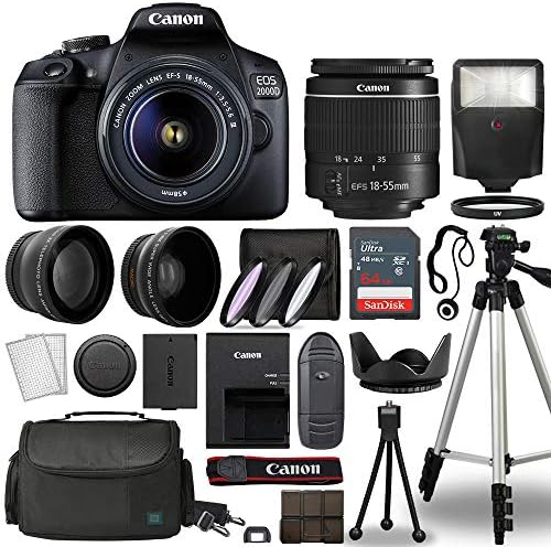 Canon Cameras EOS 2000D / Rebel T7 Digital SLR Camera Body w/Canon EF-S 18-55mm f/3.5-5.6 Lens 3 Lens DSLR Kit Bundled with Complete Accessory Bundle+ 64GB+ Flash+ More - International Model (Renewed)