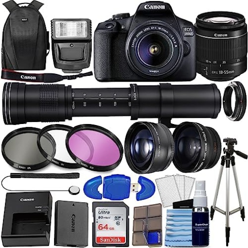 Canon EOS 2000D DSLR (Rebel T7) w/ 18-55mm Zoom Lens Kit + 64GB Memory, 420-800mm Super Zoom Lens, Wide Angle Lens, Telephoto Lens, 3PC Filter Kit, Photo Backpack, Tripod + More (34PC Bundle)