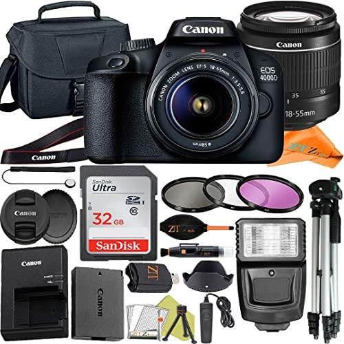 Canon EOS 4000D (Rebel T100) DSLR Camera 18-55mm Zoom Lens with ZeeTech Accessory Bundle, SanDisk 32GB Memory Card, Bag, Tripod and 3 Pieces Filter (UV, CPL, FLD) (Renewed)