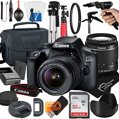 Canon EOS 4000D / Rebel T100 DSLR Camera with 18-55mm Lens + Platinum Mobile Accessory Bundle Package Includes: SanDisk 32GB Card, Tripod, Case, Pistol Grip and More (21pc Bundle) (Renewed), Black