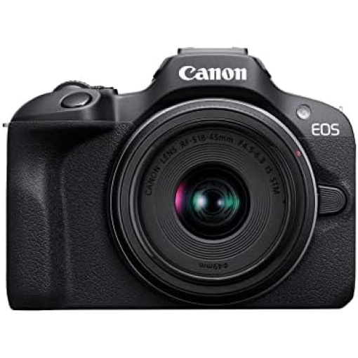 Canon EOS R100 RF-S18-45mm F4.5-6.3 is STM Lens Kit, Mirrorless Camera, RF Mount, 24.1 MP, Continuous Shooting, Eye Detection AF, Full HD Video, 4K, Lightweight, Wi-Fi, Bluetooth, Content Creation