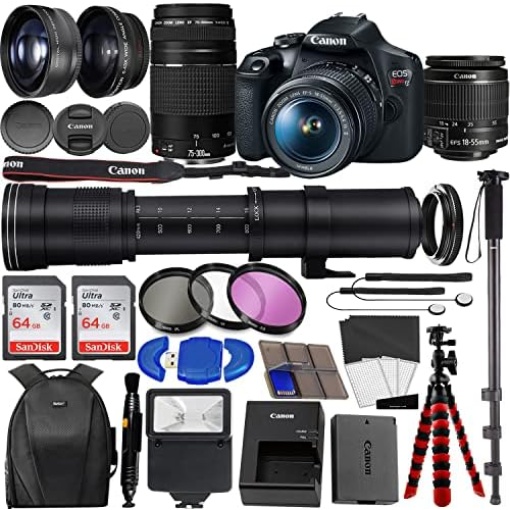 Canon EOS Rebel T7 DSLR Camera with 18-55mm is II Lens Bundle + Canon EF 75-300mm f/4-5.6 III Lens + 420-800mm HD SuperZoom Lens + 128GB Memory + Filters + Flash + Monopod + Professional Bundle Black