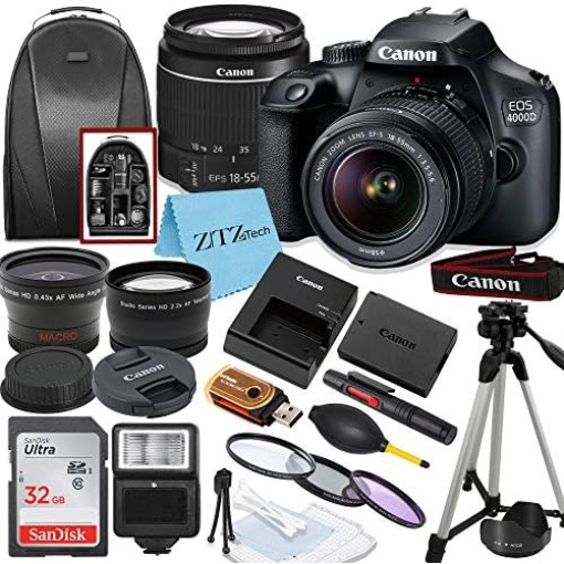 Canon EOS T100/4000D DSLR Camera with EF-S 18-55mm Lens, SanDisk Memory Card, Tripod, Flash, Backpack + ZeeTech Accessory Bundle (Canon 18-55mm, SanDisk 32GB) (Renewed)