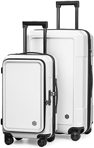 Coolife Luggage 2 Piece Luggage Set Carry On Spinner Suitcase Set with Pocket Compartment Weekend Bag Hardside Trunk (snow white_zipper type, 2-piece Set)