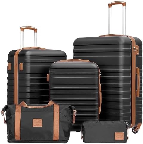 Coolife Suitcase Set 3 Piece Luggage Set Carry On Hardside Luggage with TSA Lock Spinner Wheels (Black, 5 piece set)