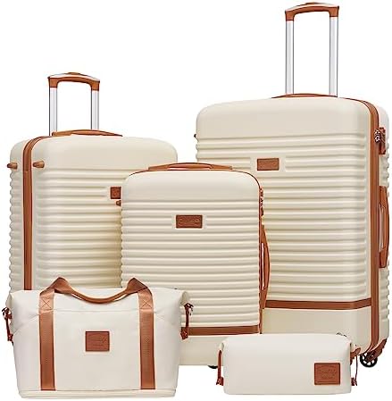 Coolife Suitcase Set 3 Piece Luggage Set Carry On Travel Luggage TSA Lock Spinner Wheels Hardshell Lightweight Luggage Set(White, 5 piece set)