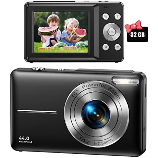 Digital Camera, FHD 1080P Digital Camera for Kids Video Camera with 32GB SD Card 16X Digital Zoom, Compact Point and Shoot Camera Portable Small Camera for Teens Students Boys Girls Seniors(Black)