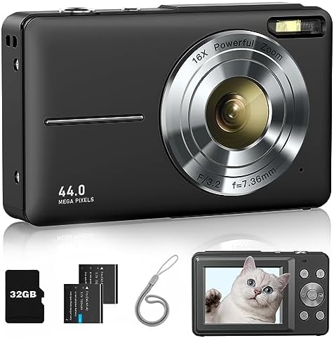 Digital Camera, FHD 1080P Kids Camera with 32GB Card, 2 Batteries, Lanyard, 16X Zoom Anti Shake, 44MP Compact Portable Small Point and Shoot Cameras Gift for Kid Student Children Teens Girl Boy(Black)