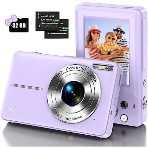 Digital Camera, Kids Camera with 32GB Card FHD 1080P 44MP Vlogging Camera with LCD Screen 16X Zoom Compact Portable Mini Rechargeable Camera Gifts for Students Teens Adults Girls Boys-Purple