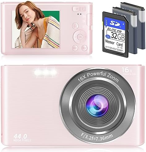 Digital Camera, Saneen FHD 2.7K Cameras for Photography, 44MP Kids Camera Compact Point and Shoot Camera Small Camera for Beginners, Kids and Teens with 32GB SD Card & 16X Digital Zoom-Pink