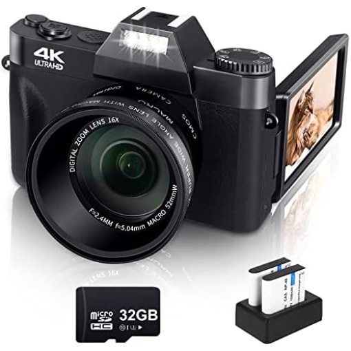 Digital Camera for Photography 4K 48MP VJIANGER Vlogging Camera for YouTube with 3.0’’ 180° Flip Screen, 16X Digital Zoom, 52MM Wide Angle Lens & Macro Lens, 2 Batteries, 32GB Micro SD Card(W01 B4)