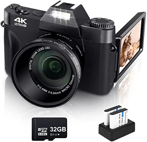 Digital Camera for Photography 4K 48MP VJIANGER Vlogging Camera for YouTube with 3.0’’ 180° Flip Screen, 16X Digital Zoom, 52MM Wide Angle Lens & Macro Lens, 2 Batteries, 32GB Micro SD Card(W01 B4)