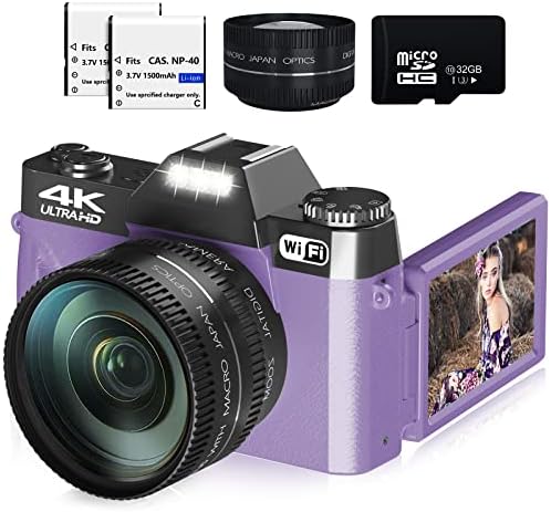 Digital Camera for Photography, 4K 48MP Vlogging Camera for YouTube with WiFi, 3-inch 180-degree Flip Screen, 16X Digital Zoom, 52mm Wide Angle & Macro Lens, 32GB TF Card and 2 Batteries(Purple)